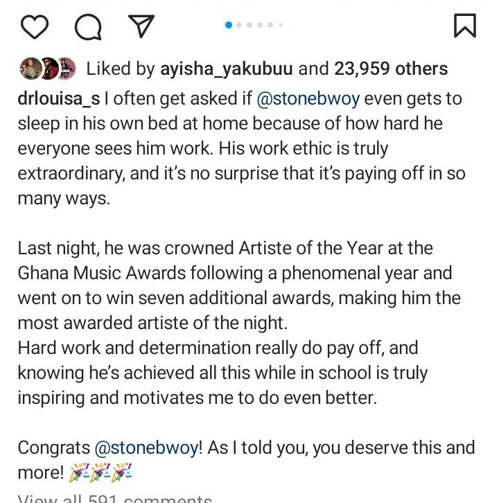 Stonebwoy's achievements motivate me to do even better - Says Dr. Louisa after her husband won Artiste of The Year award 1