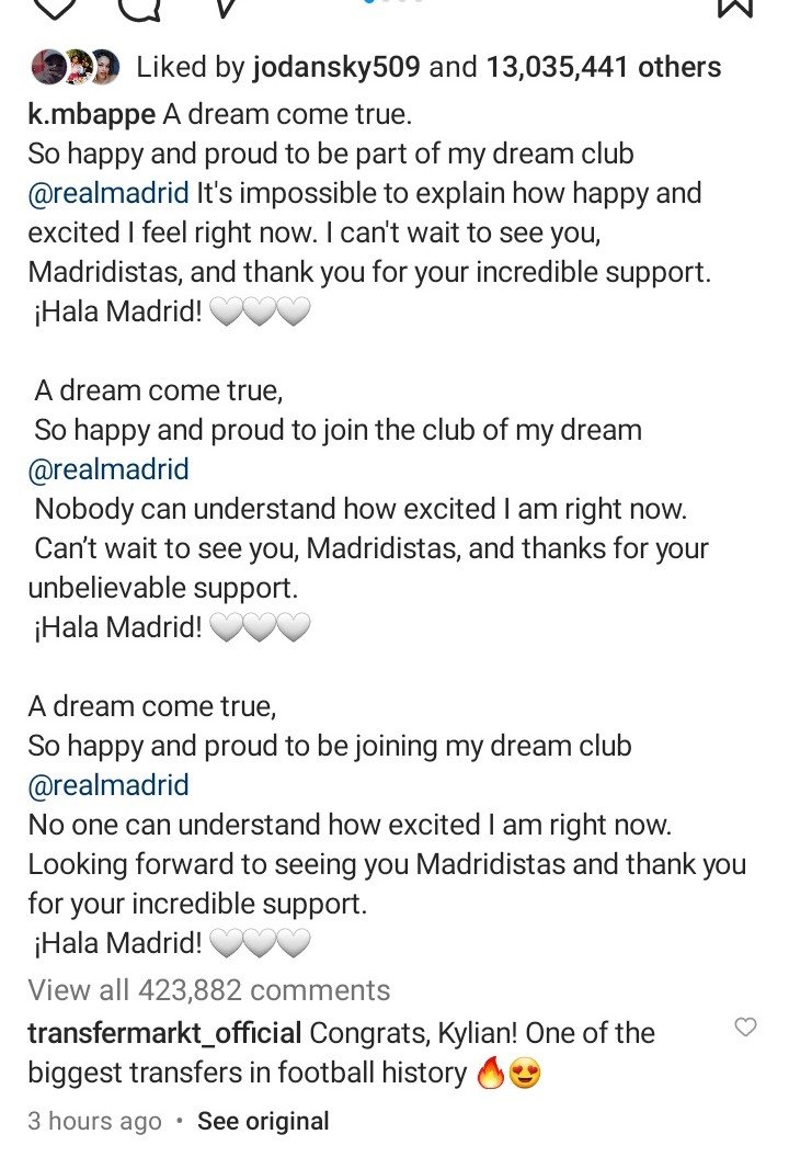 So happy and proud to be part of my dream club Real Madrid - Says Mbappe 1
