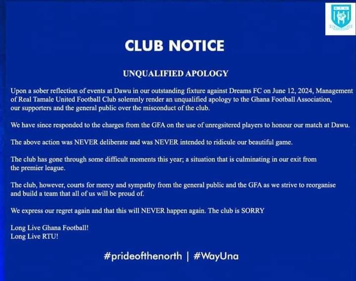 After 8 - 1 Defeat: Real Tamale United Begs for forgiveness over use of unregistered players 1