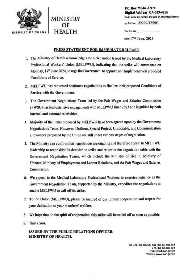 Ghana Appeals To Medical Laboratory Workers Not To Go On Strike, Says They Should Return To Negotiation Table 1