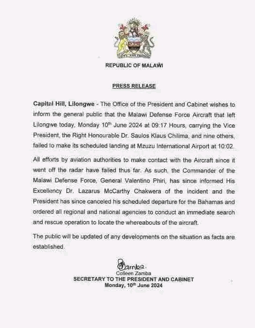 Aircraft carrying Malawi Vice President goes missing 1