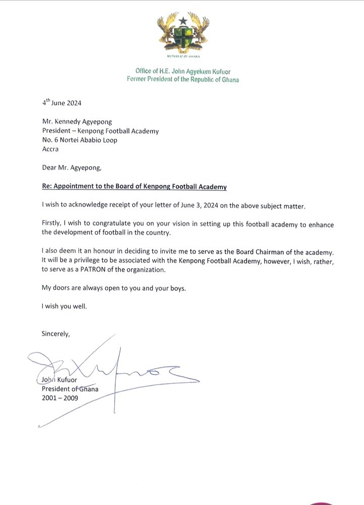 Former Ghanaian President Kufuor appointed patron of Kenpong Football Academy 2