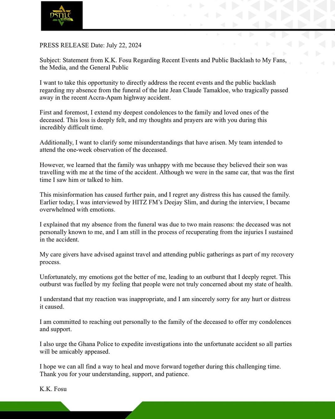 Ghanaian Musician K.K. Fosu Apologizes For His Absence At Blogger Jean Claude's Burial Service 1