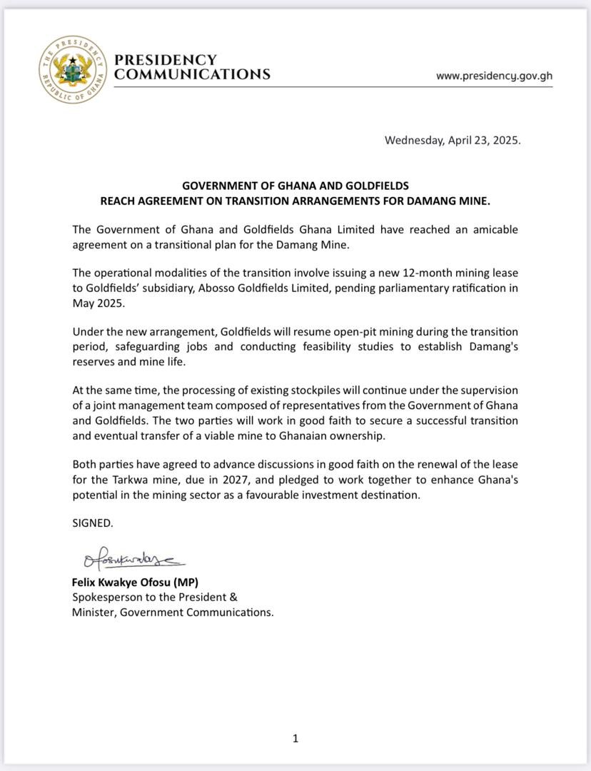 Ghana And Goldfields Reach Agreement On Transition Arrangements For Damang Mine 1
