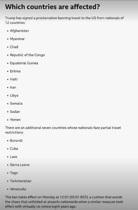 The list of countries affected by the US travel ban