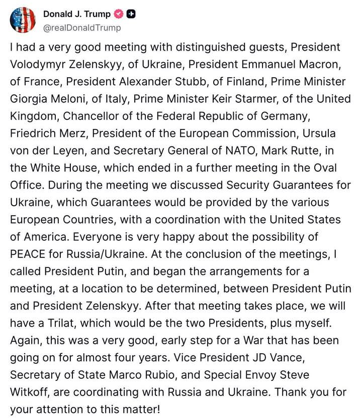 Arrangements Being Made For Putin and Zelensky To Meet - Trump Announces After Meeting With Ukrainian and European Leaders 5