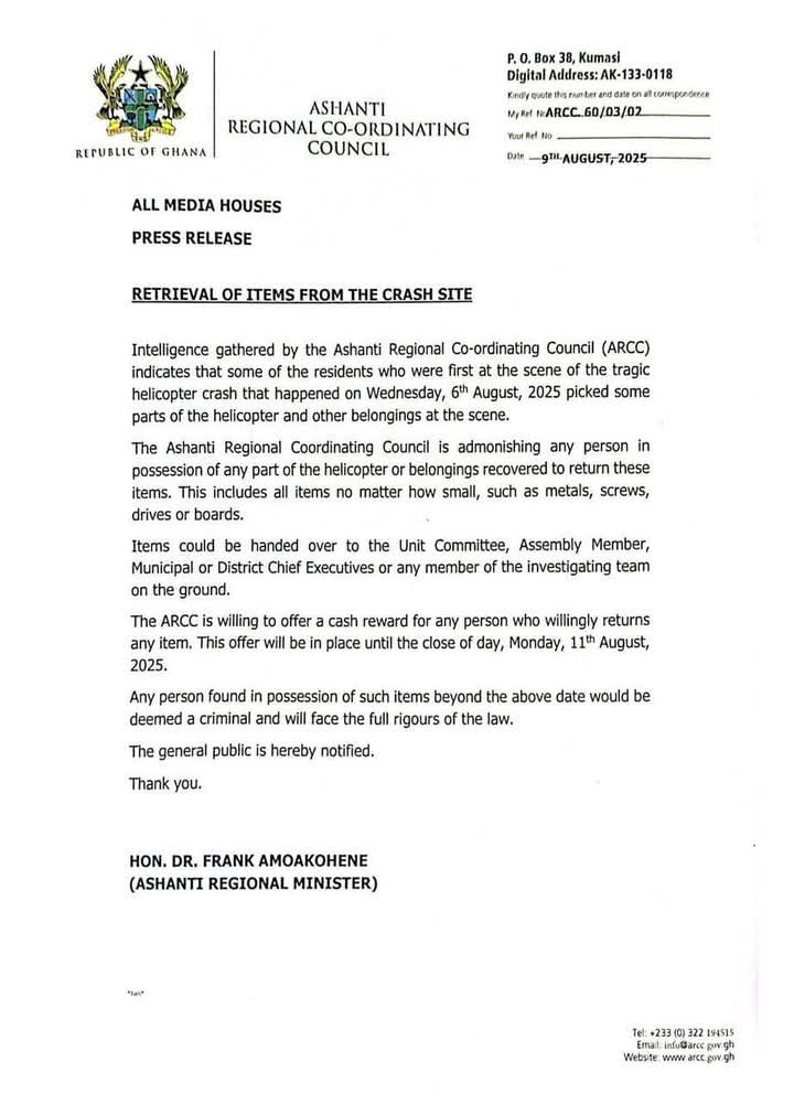Ghanaian Authorities Urge Residents To Return Items Taken from Site Of Deadly Helicopter Crash 1