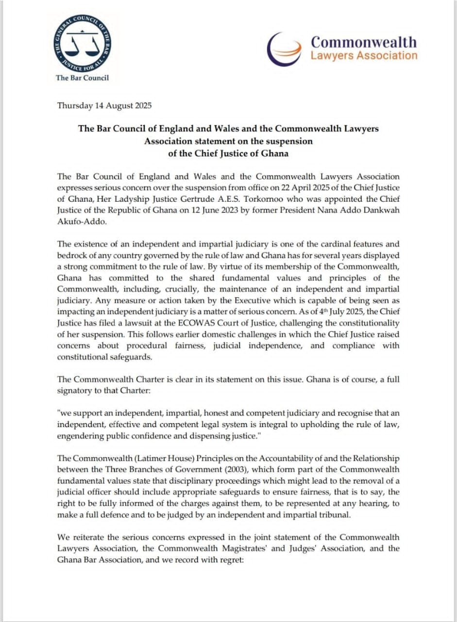 Bar Council of England and Wales Raises Serious Concerns Over Suspension of Ghana’s Chief Justice 1