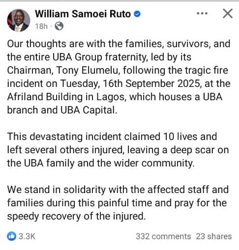 Ruto Mourns With UBA Group Following Deadly Fire Outbreak 1
