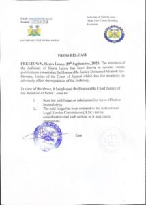 Sierra Leone Appeals Court Judge Placed on Leave Amid Misconduct Allegations 1