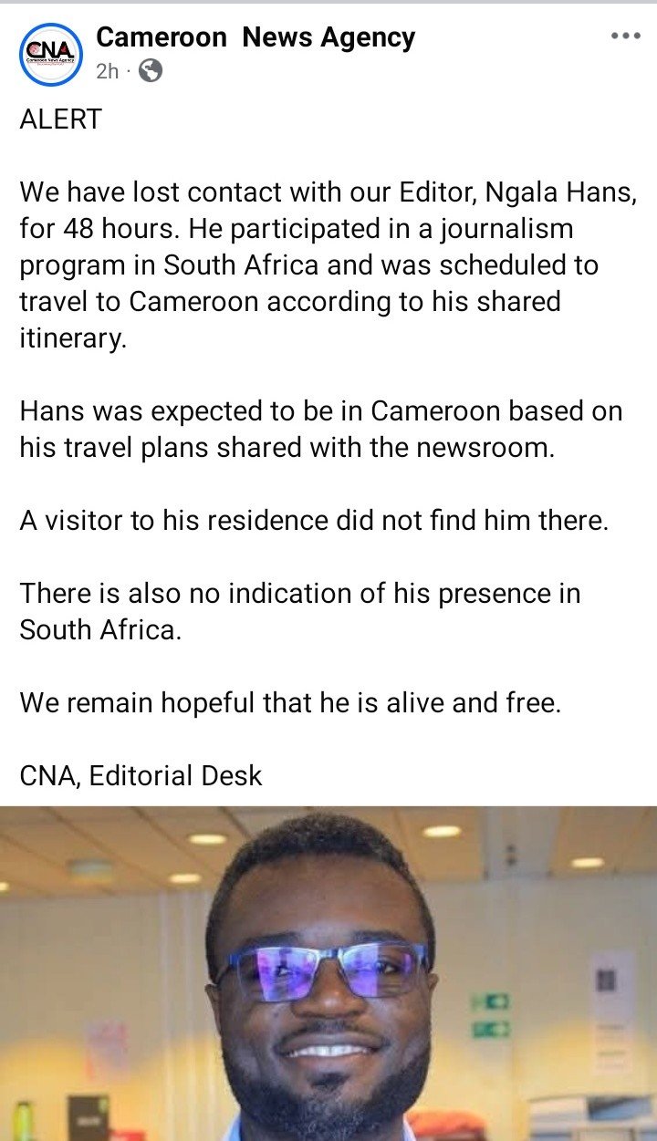 Cameroon News Agency Editor Reported Missing After Participating In Journalism Programme In South Africa