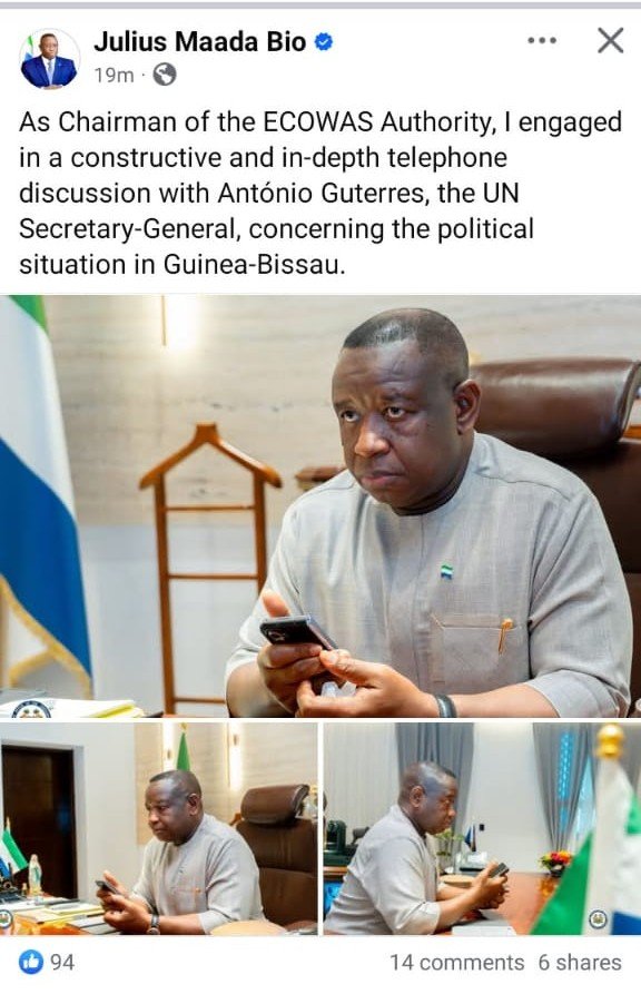 ECOWAS Chairman Speaks To UN Secretary-General Over Phone Concerning Guinea-Bissau Coup d'etat