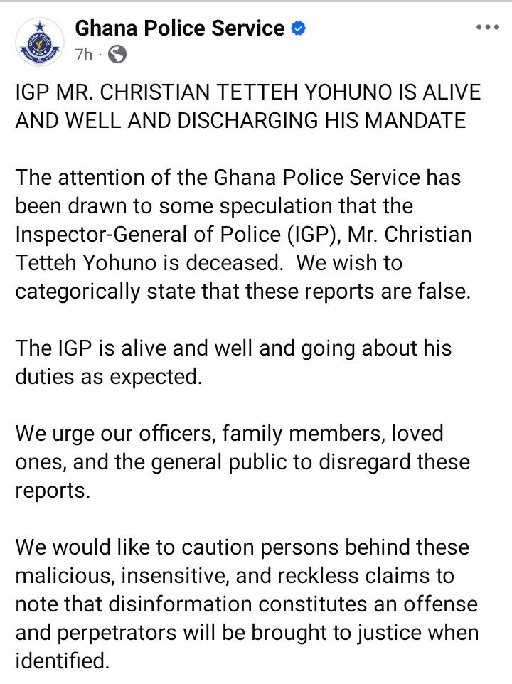 Ghana Police Dismisses Death Rumors, Says IGP Yohunu Is Alive