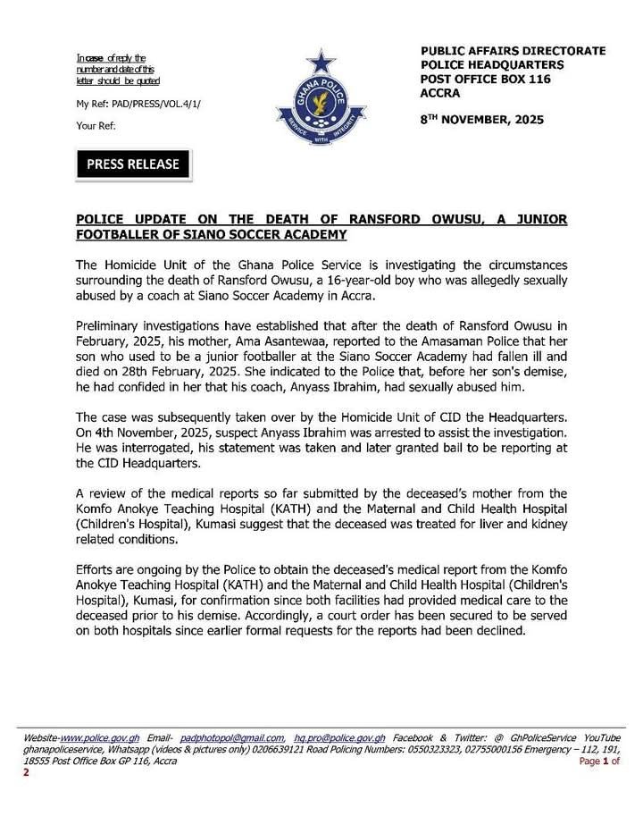 Ghana Police Investigate Death of Teen Footballer Allegedly Sexually Abused by His Coach Ghana Police Investigate Death of Teen Footballer Allegedly Sexually Abused by His Coach