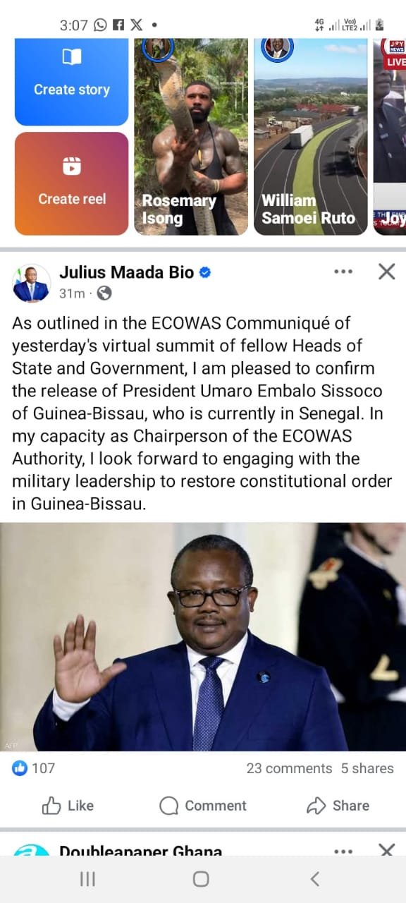 Guinea-Bissau's Ousted President Released, Now In Exile In Senegal - Says ECOWAS Chairman