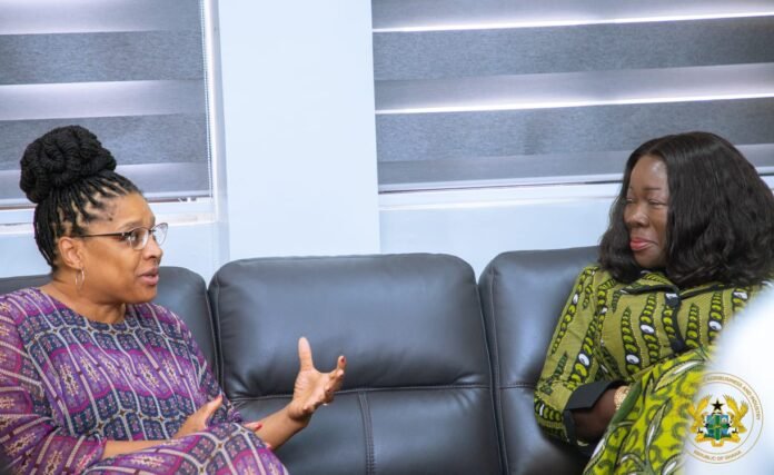 Canadian High Commissioner to Ghana Myriam Montrat (left) having a discussion with Ghana's Minister for Trade, Agribusiness and Industry, Elizabeth Ofosu-Adjare (right) during her courtesy call in Accra on Friday, December 19, 2025