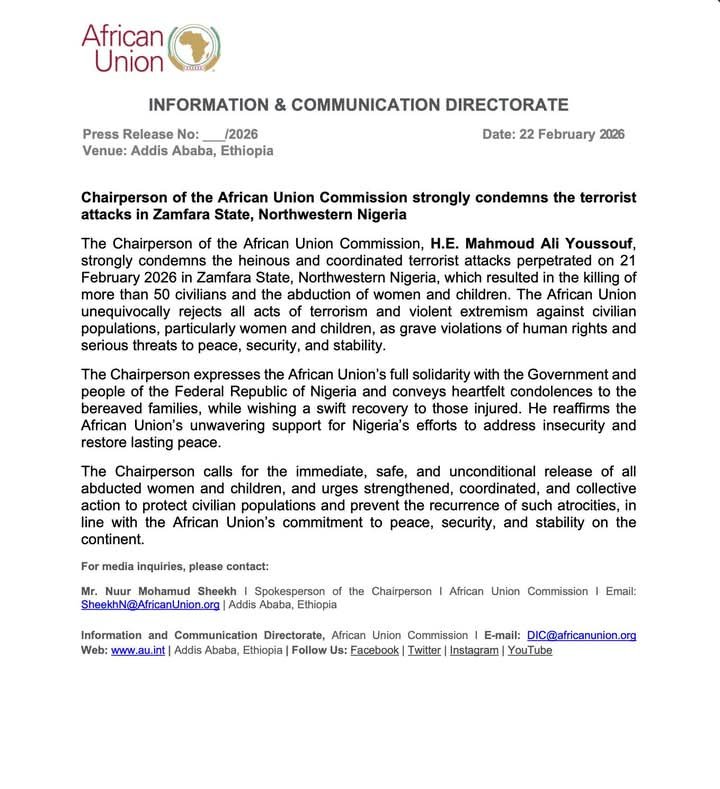 AU statement on Zamfara State terror attacks