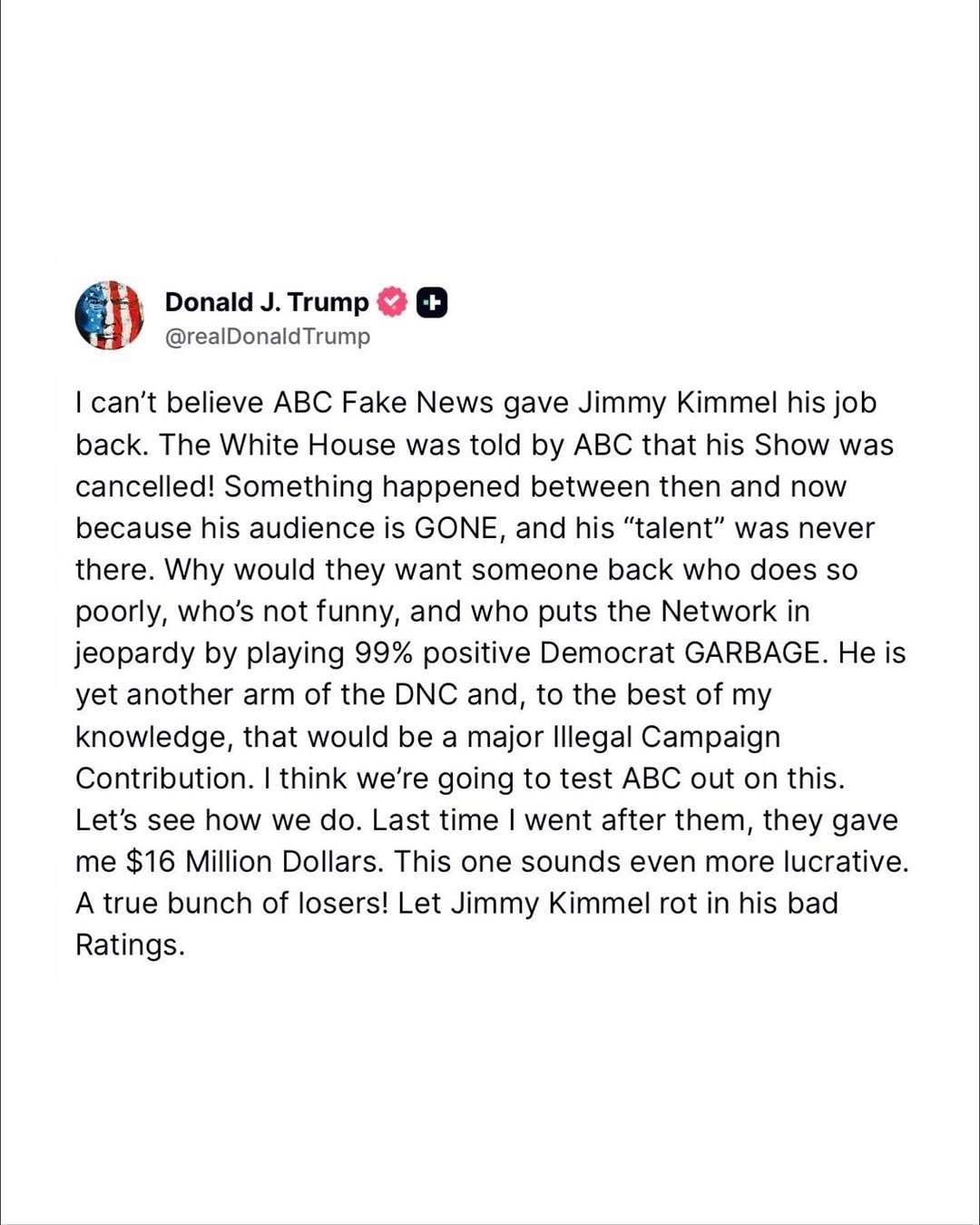 Trump Condemns ABC News For Allowing Jimmy Kimmel Back On Air After Suspension Over 'Insensitive' Charlie Kirk's Comments 1