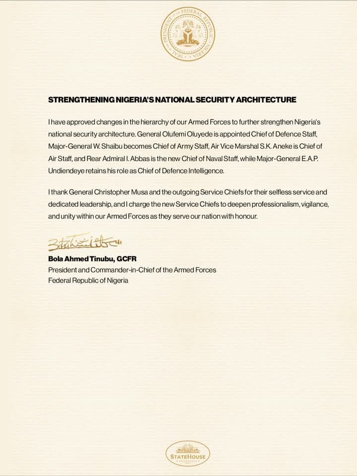 President Tinubu Announces Appointment Of New Army Chiefs to Strengthen Nigeria’s Security Architecture 1