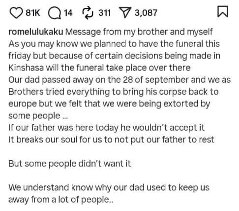 Our Father's Funeral Delaying Because People In Kinshasa Extorting Us - Lukaku 1