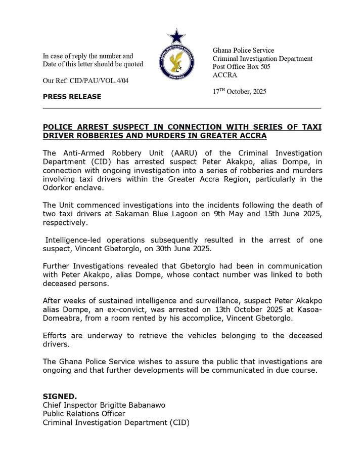 Ghana: Police Arrest Suspect Over Series Of Taxi Driver Killings and Robberies 1