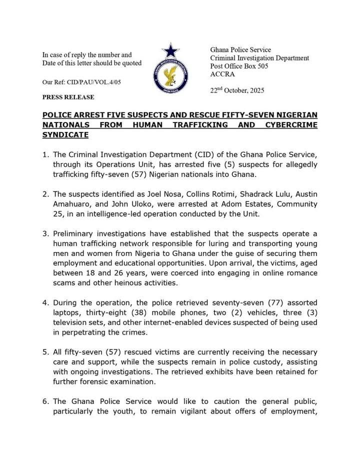 Ghana: Police Arrest 5 Suspects and Rescue 57 Nigerians From Cybercrime and Human Trafficking Syndicate 4