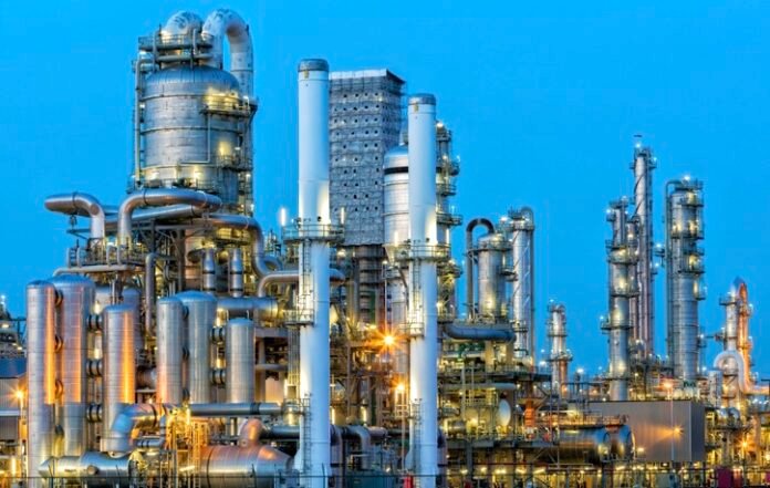 Petrochemical Plant Illuminated at Dusk