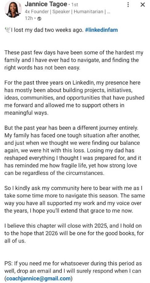 Jannice Tagoe Announces the Passing of Her Father, Reflects on the Fragility of Life and Strength of Love