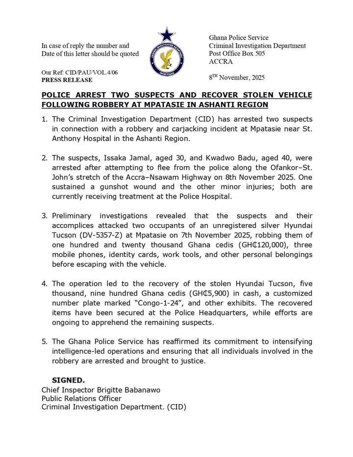Police Arrest 2 Men Over GHC 120,000 Robbery and Carjacking in Ghana