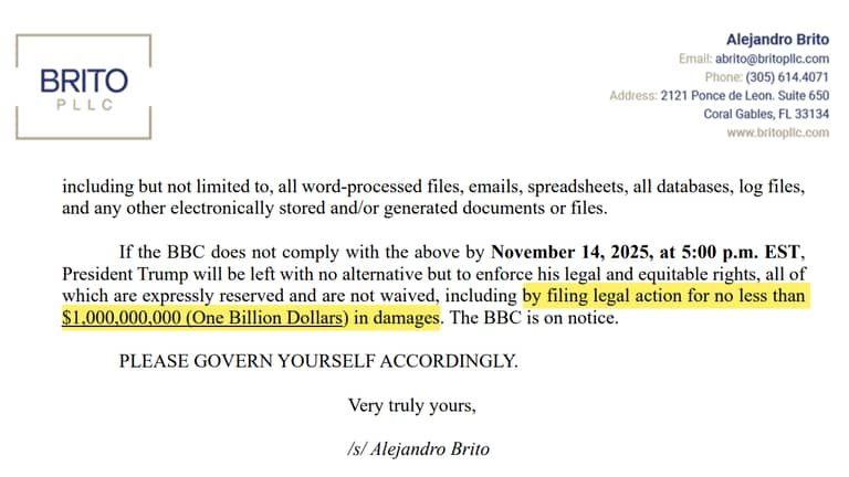 Trump Threatens $1 Billion Lawsuit Against BBC Over “Fabricated” Documentary: Lawyers Demand Retraction by November 14