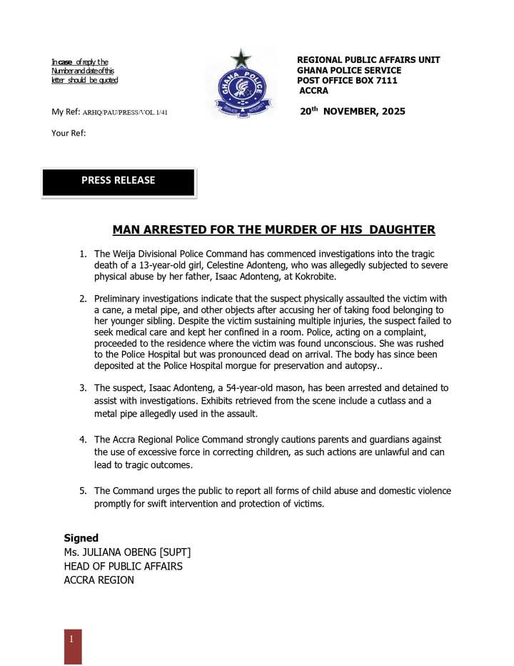 Ghana Police Arrest Man For Beating 13-Year-Old Daughter To Death Over Stolen Food