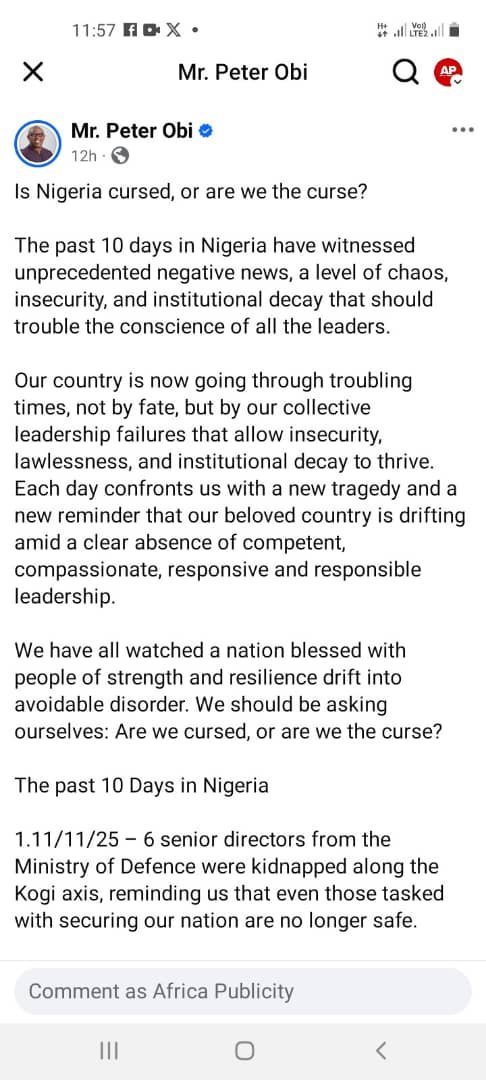 ‘’Is Nigeria Cursed, Or Are We The Curse?- Peter Obi Asks 