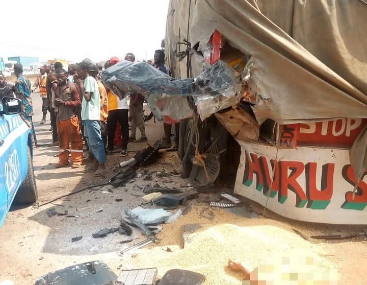 People at the scene where British-Nigerian boxer, Anthony Joshua, car was involved in an accident that killed two people 