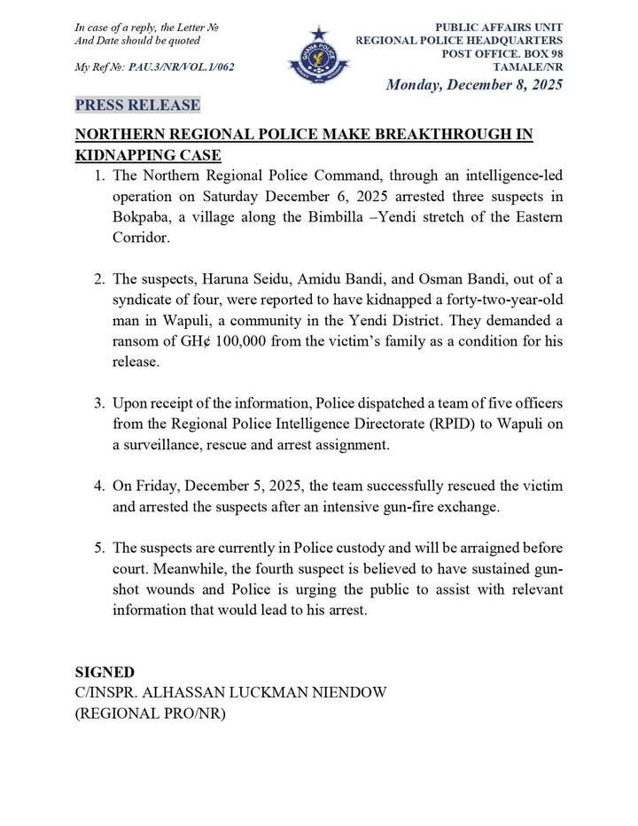 Ghana Police Arrest 3 Kidnappers After Ghc 100,000 Ransom Demand