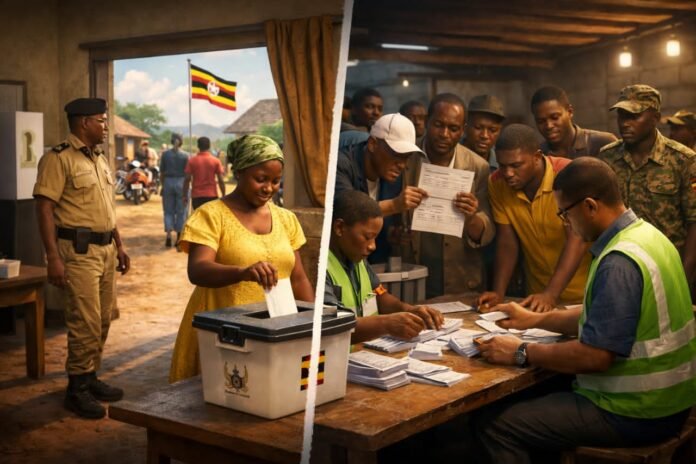 An illustration of voters at polling station in Uganda 