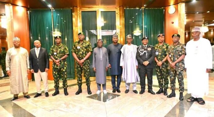 Bola Tinubu (5th left) with Nigerian chiefs at Aso Rock