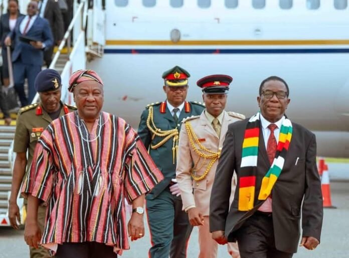 John Dramani Mahama (left) and Emmerson Mnangagwa (right) pictured at the airport in Accra on Wednesday, April 1, 2026