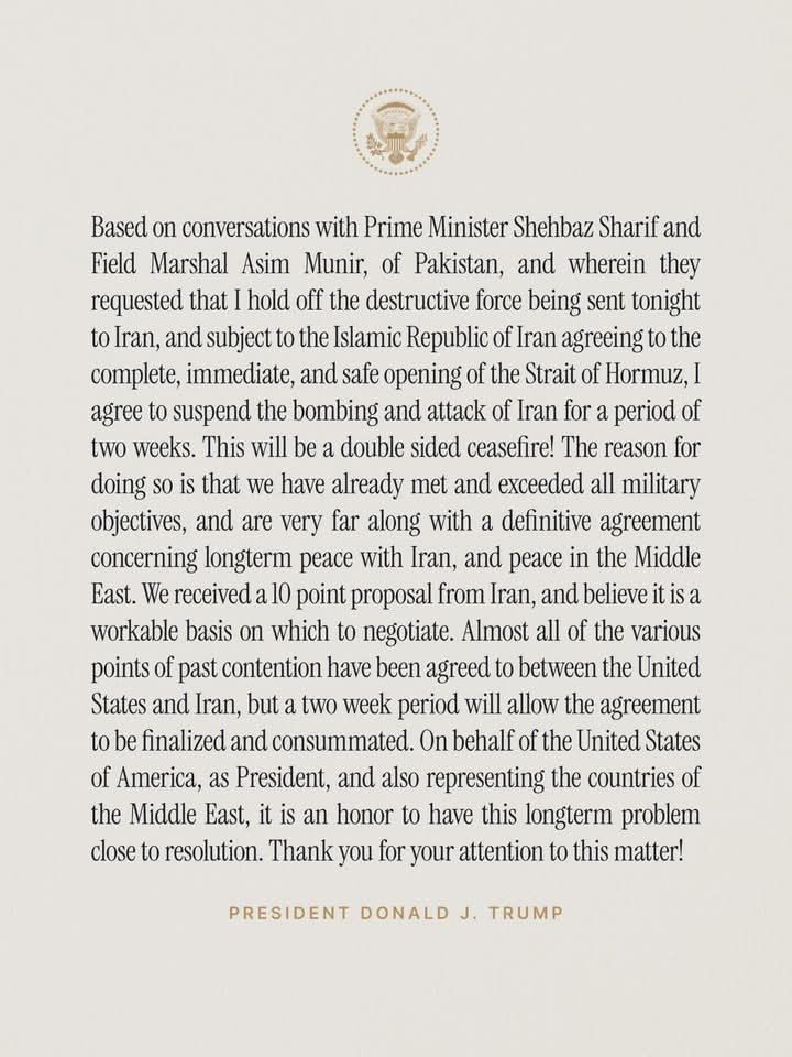 Below is Trump’s statement on ceasefire with Iran