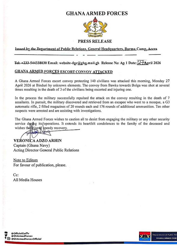 Ghana Armed Forces' statement on Binduri attack