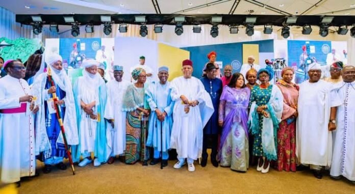 Dignitaries pose for a group photo at the launch of Yakubu Gowon’s Autobiography in Abuja on Tuesday, May 19, 2026