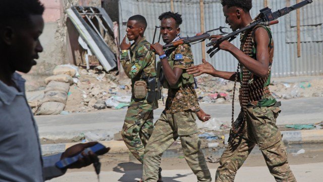 Somali soldiers patrol a street after supporters of opposition political figures and state security forces clashed in Mogadishu, Somalia, Thursday, June 4, 2026. (AP Photo/Farah Abdi Warsameh)