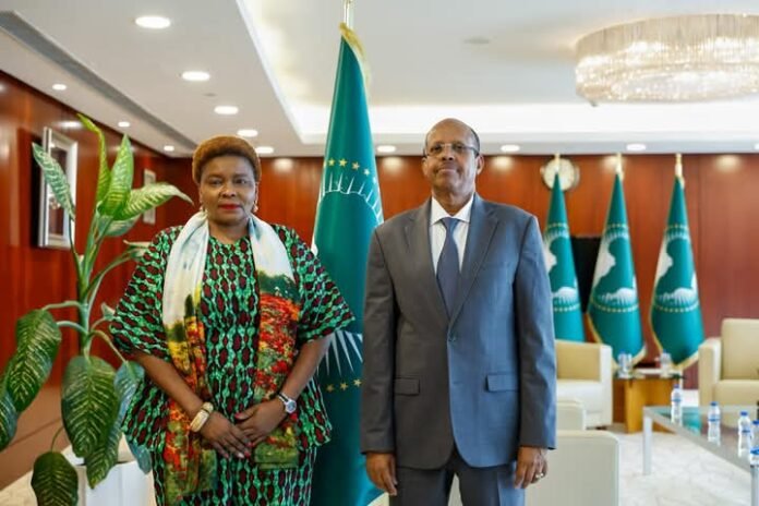 Ambassador Nonceba Losi (left) and Mahmoud Ali Youssouf (right) met at the AU headquarters in Addis Ababa, Ethiopia on Monday, June 8, 2026