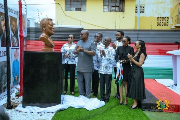 John Dramani Mahama supported by children of late former President Jerry John Rawlings in unveiling the bust in Accra on Monday, June 22, 2026