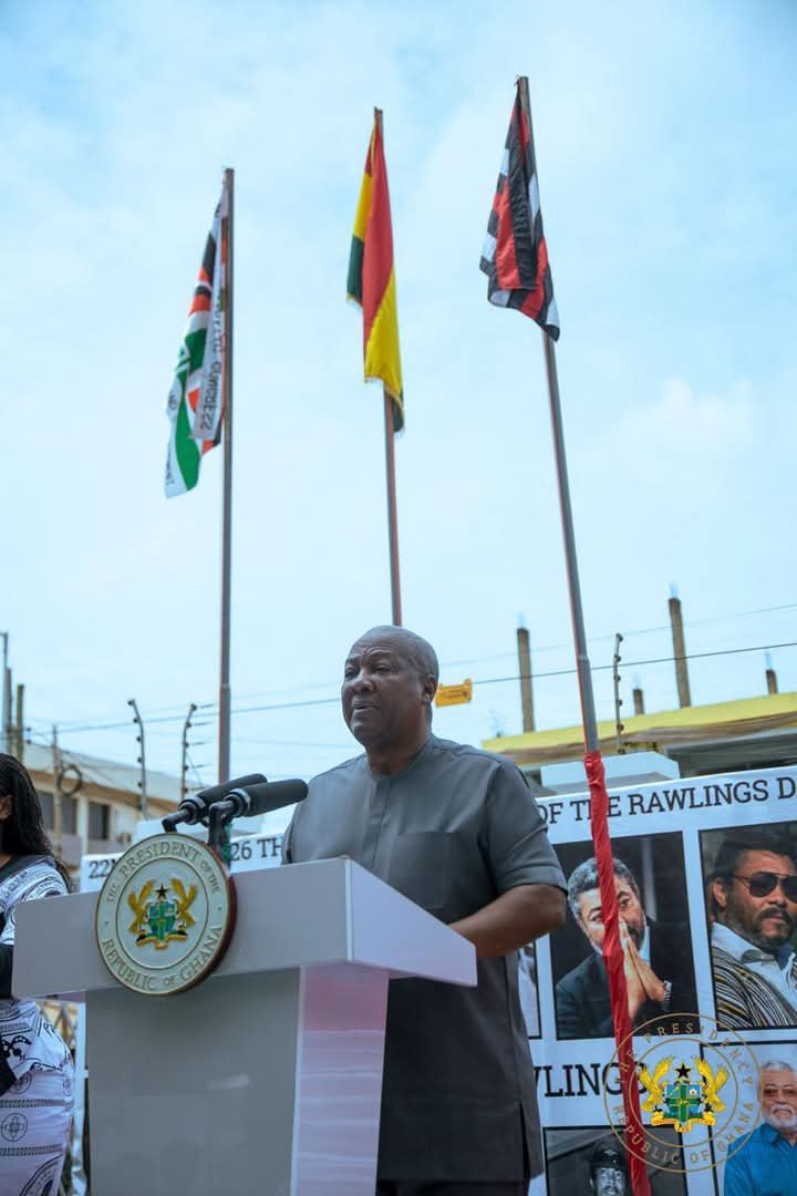 John Dramani Mahama speaking on Monday, June 22, 2026 in Accra during the renaming of the NDC Headquarters after late former President Jerry John Rawlings