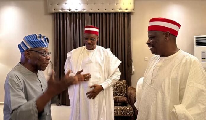 Olusegun Obasanjo (left) and Rabiu Musa Kwankwaso (middle) met in Kano on Thursday, June 25, 2026