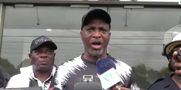 Muntaka Mubarak speaking to journalists at the disaster scene of the collapsed building in Avenor on Sunday, June 7, 2026