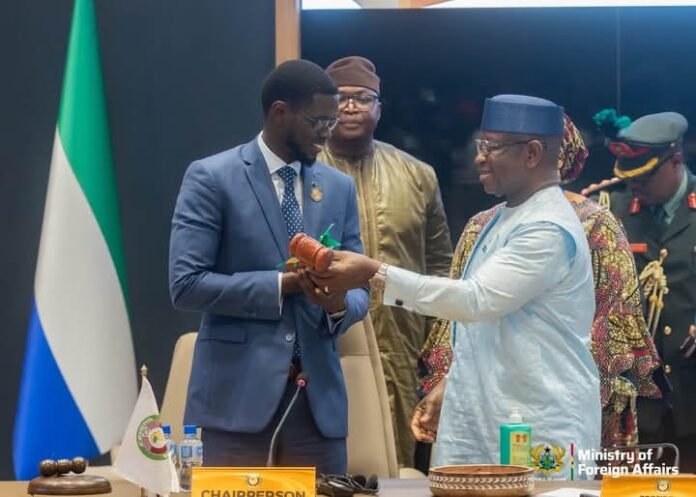 Bassirou Diomaye Faye (left) taking over the leadership of ECOWAS from President Julius Maada Bio in Sierra Leone Bassirou Diomaye Faye (left) taking over the leadership of ECOWAS from President Julius Maada Bio in Sierra Leone
