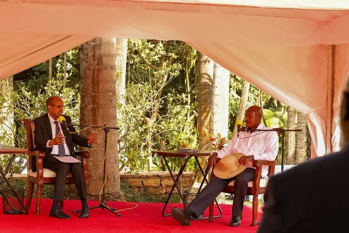 Mahmoud Ali Youssouf (left) holding talks with President Yoweri Kaguta Museveni in Kampala 